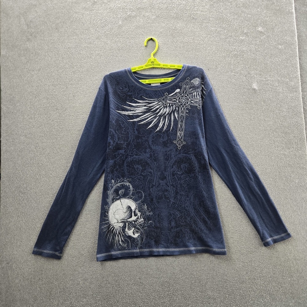 VINTAGE No Boundaries Men Shirt XL Blue Y2K Grunge Cross Wings Grunge Skater MMA